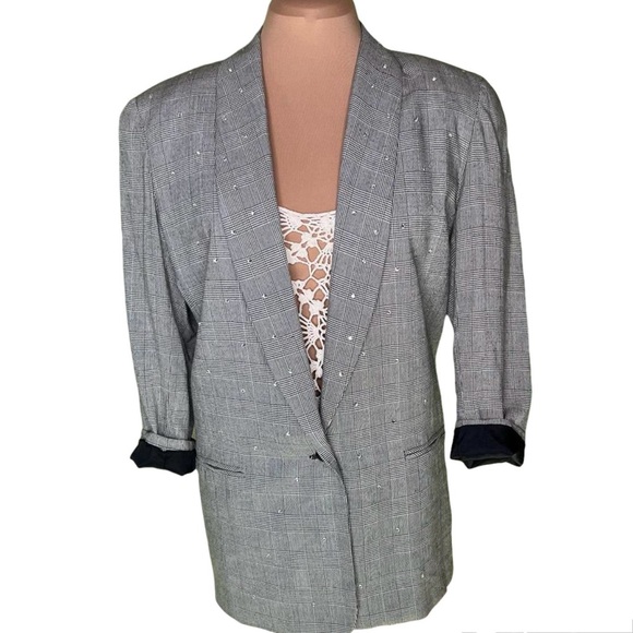 Vintage Blazer long oversized tapered sz 8 shoulder pads rhinestone accents rare - Picture 2 of 8